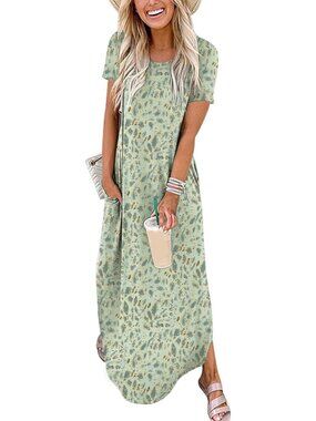 Women Floral Cyan Summer Maxi Dress Short Sleeve Casual Split Beach Long T Shirt